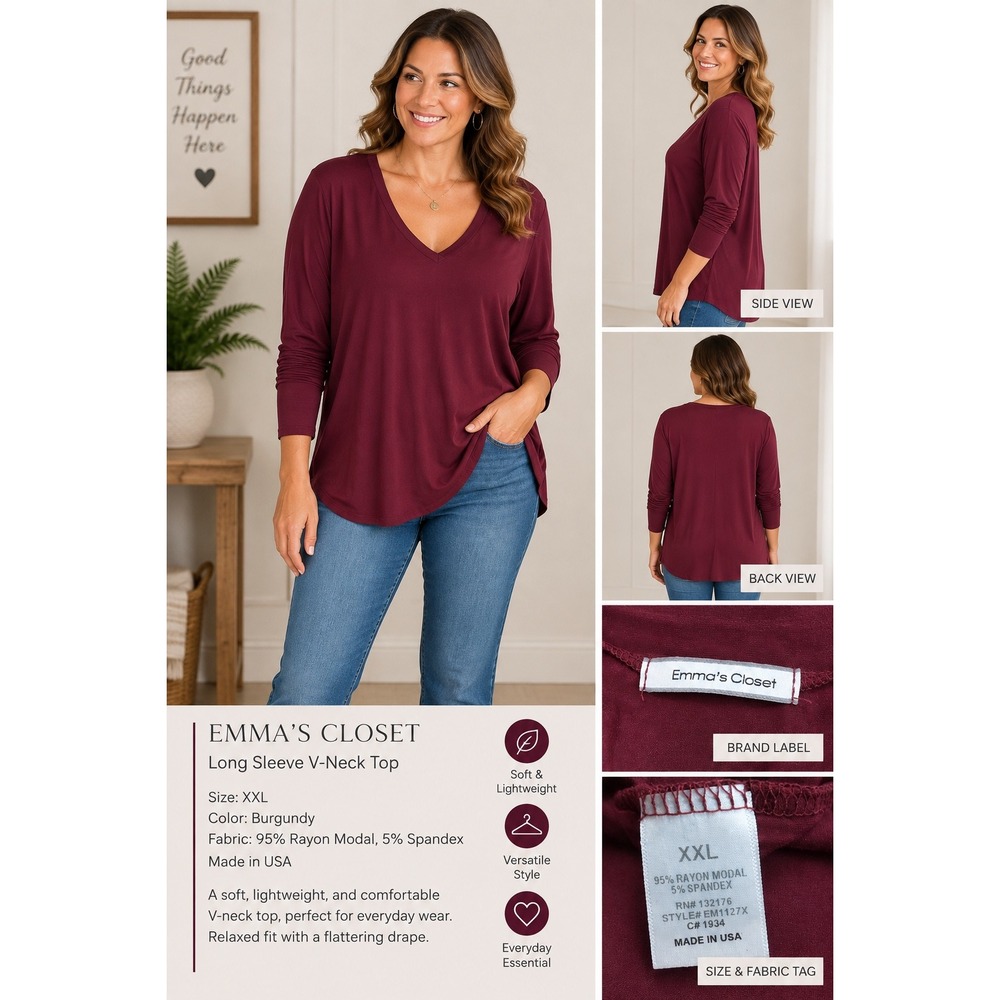 Emma's Closet Burgundy Long Sleeve V-Neck Top XXL EM1127X Rayon Modal Stretch